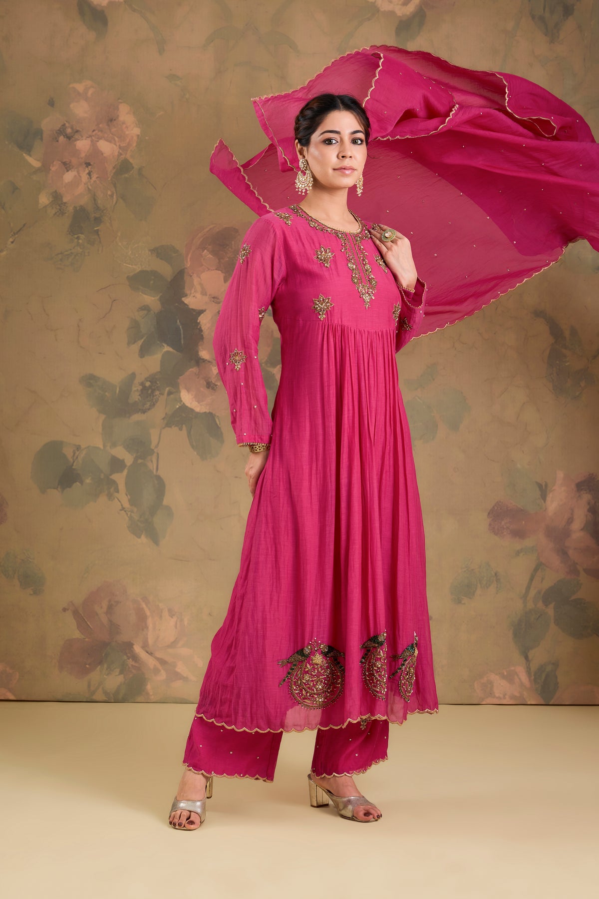Mul Chanderi Handworked Anarkali Set