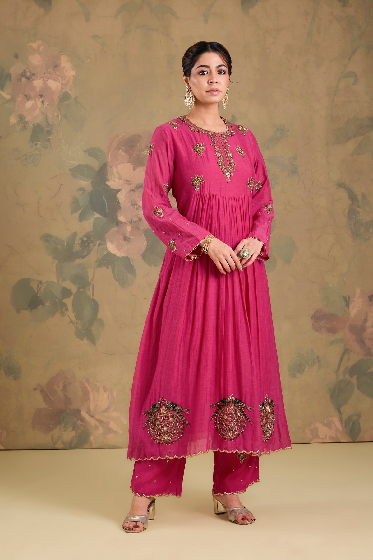 Mul Chanderi Handworked Anarkali Set
