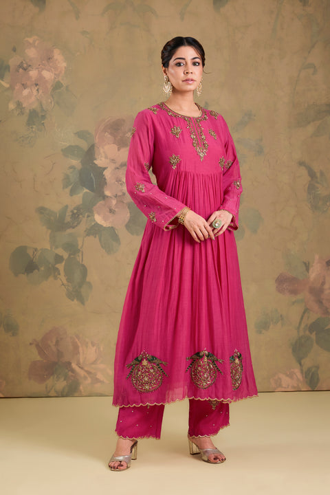 Mul Chanderi Handworked Anarkali Set
