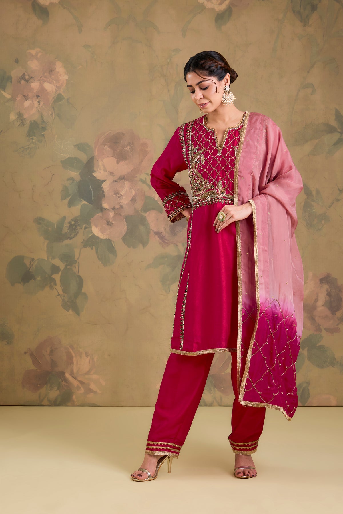 Silk Kurta Set with Organza Dupatta & Handwork