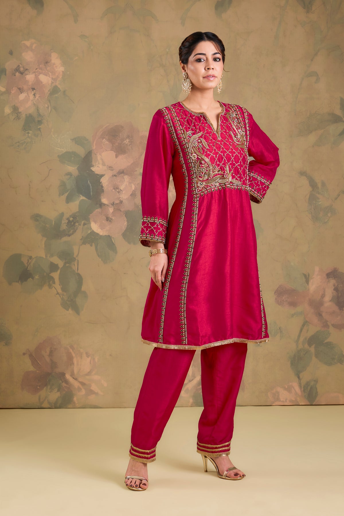 Silk Kurta Set with Organza Dupatta & Handwork