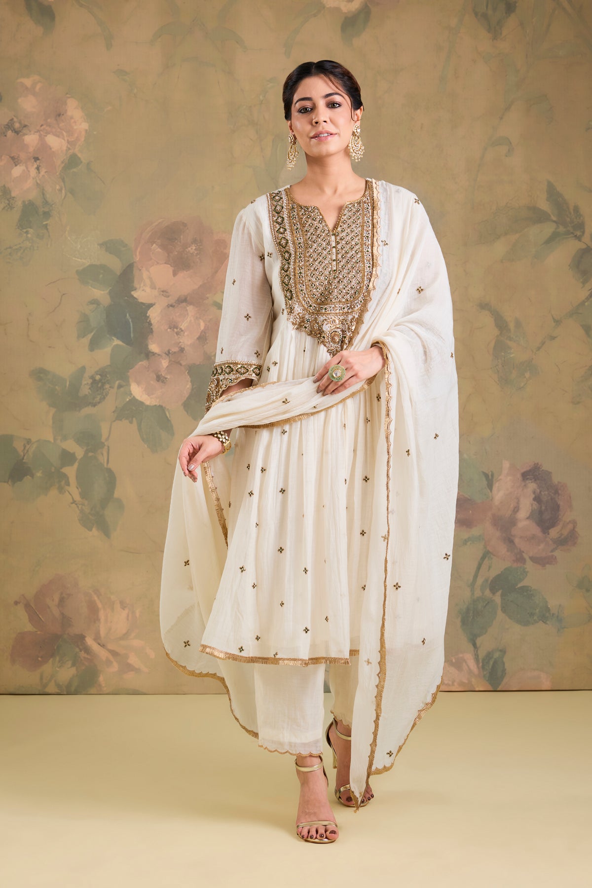 Mul Chanderi Handworked Anarkali Set