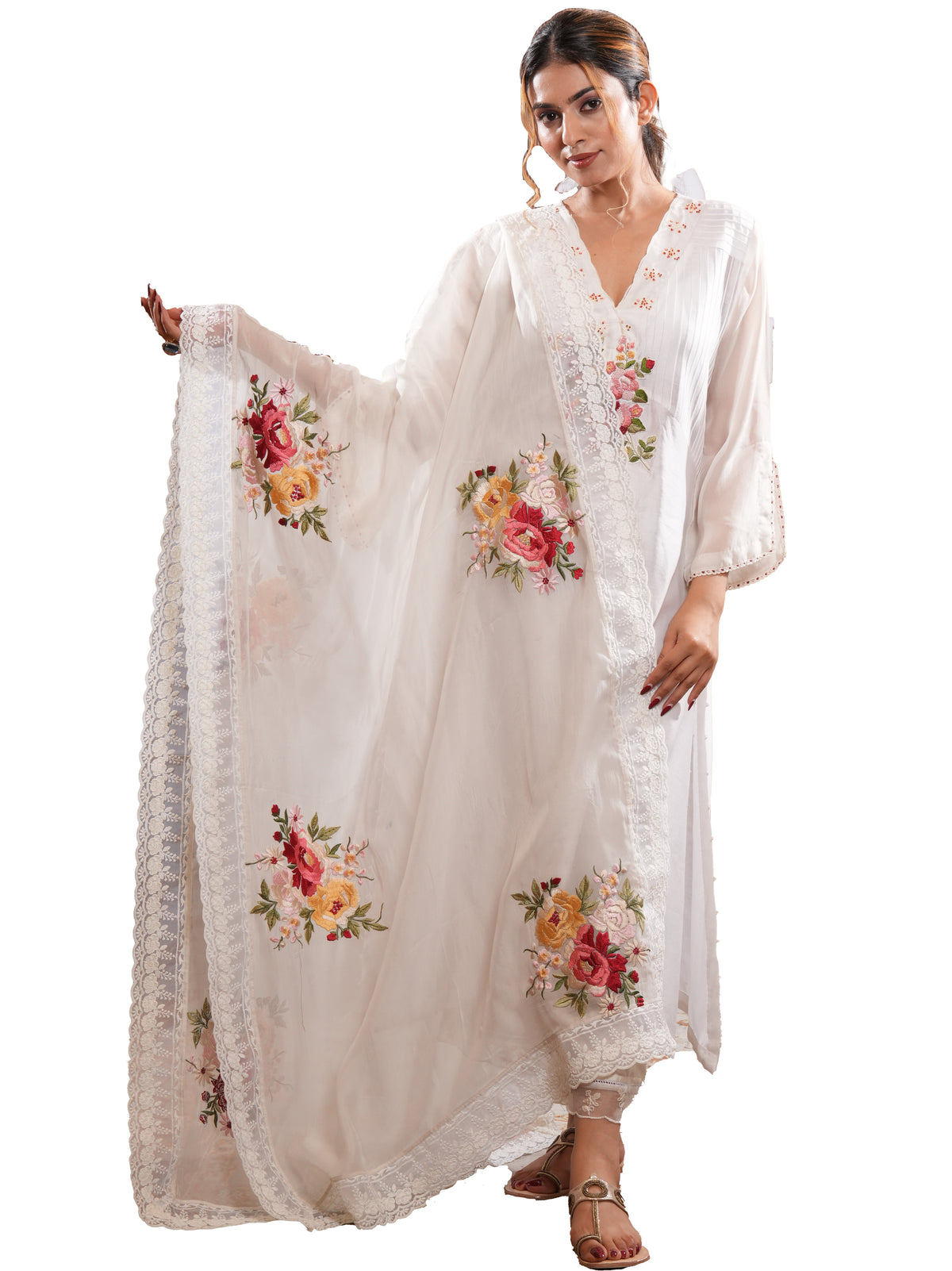 Mogra-Off White Mal Chanderi Suit With Multi Floral Color Embroidery