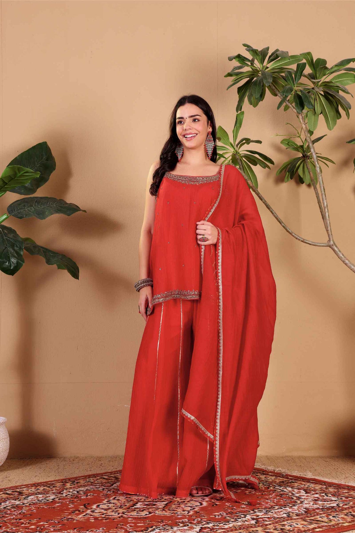 Red Crushed Tissue Chanderi With Hand Embroidery Sharara Set With Dupatta 