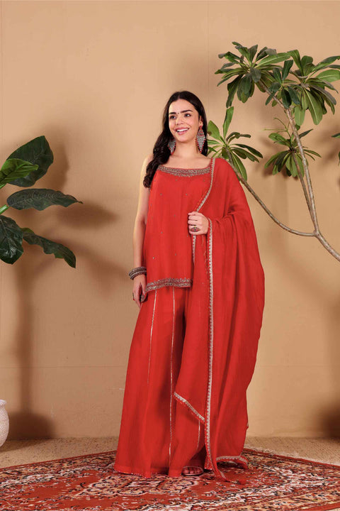 Red Crushed Tissue Chanderi With Hand Embroidery Sharara Set With Dupatta 