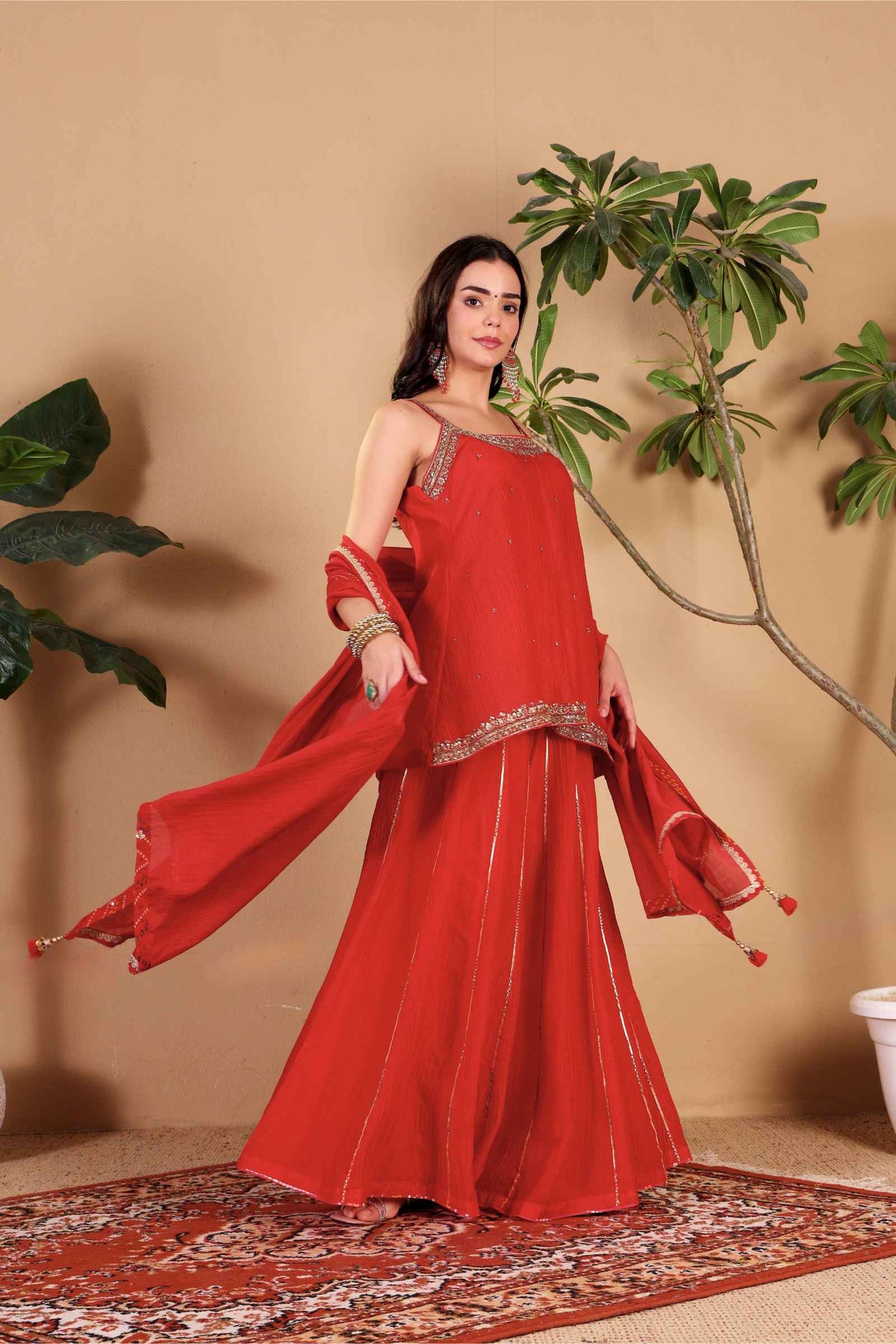 Red Crushed Tissue Chanderi With Hand Embroidery Sharara Set With Dupatta 