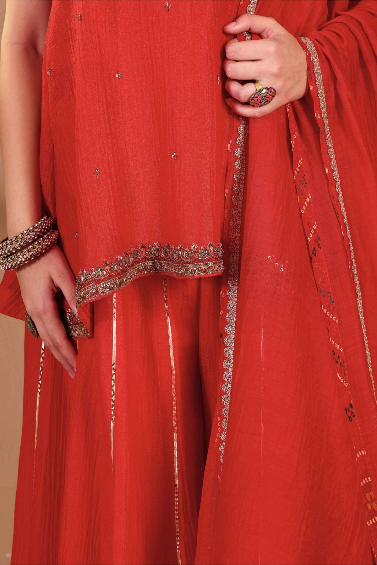 Red Crushed Tissue Chanderi With Hand Embroidery Sharara Set With Dupatta 