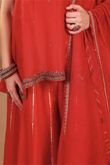 Red Crushed Tissue Chanderi With Hand Embroidery Sharara Set With Dupatta 