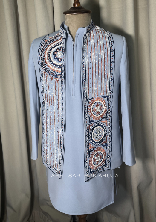 STRIPE BLUE PATTERN KURTA & SHRUG SET