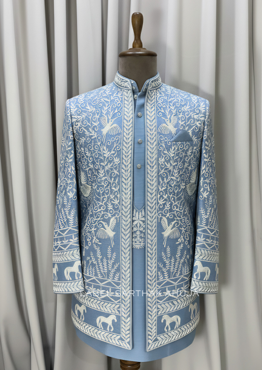 BLUE ESSENCE EMBROIDERED KURTA SHRUG SET