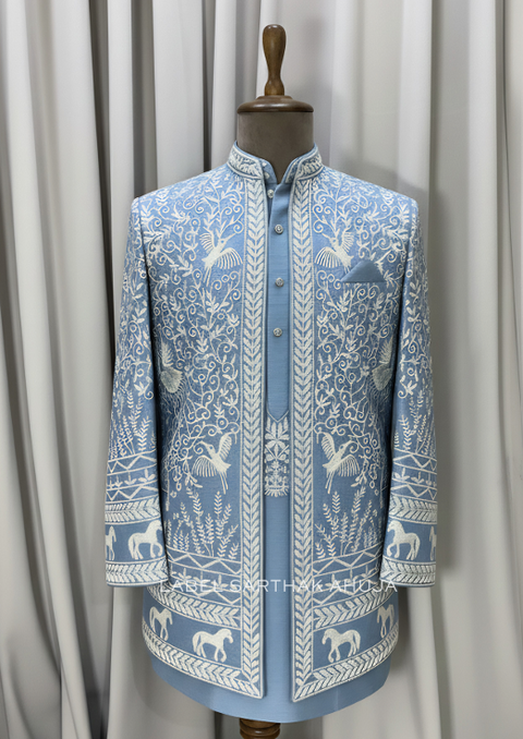 BLUE ESSENCE EMBROIDERED KURTA SHRUG SET
