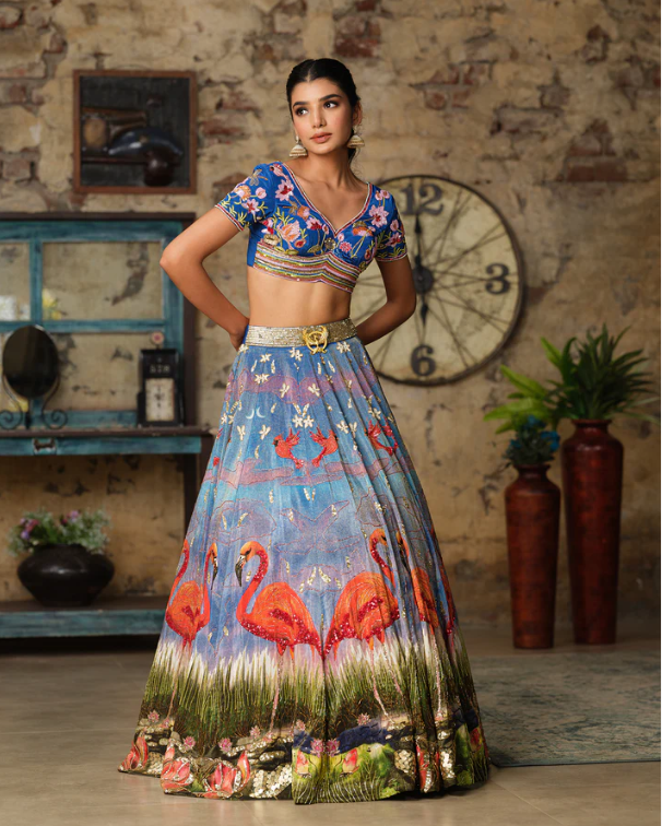 Blue Abstract Luminous Flamingo Lehenga Set