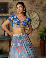 Blue Abstract Luminous Flamingo Lehenga Set