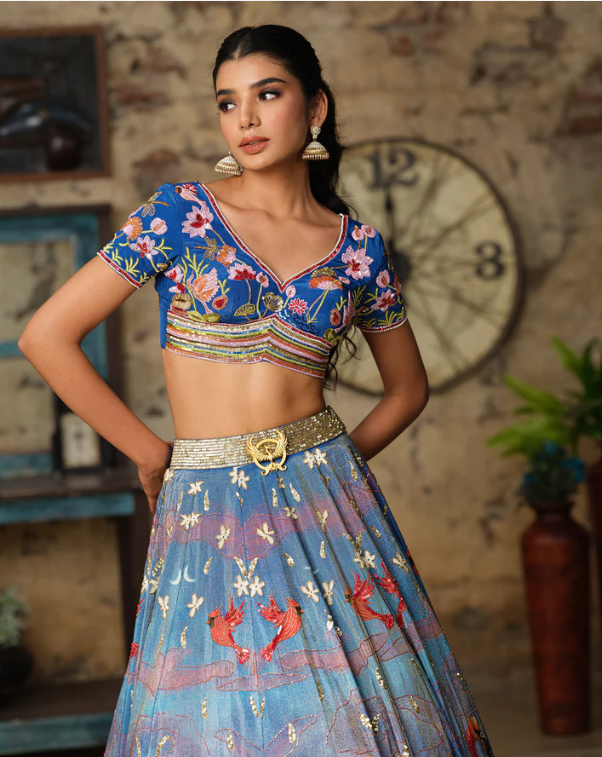 Blue Abstract Luminous Flamingo Lehenga Set