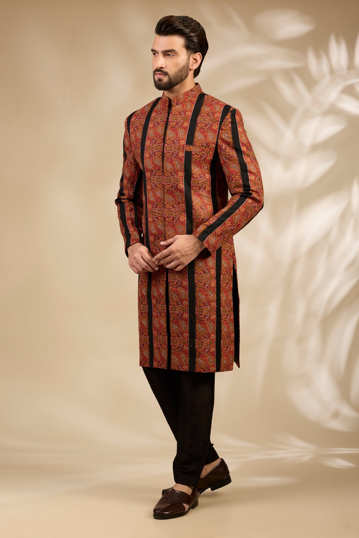 Intricate Rust Embroidered Black Sherwani Set