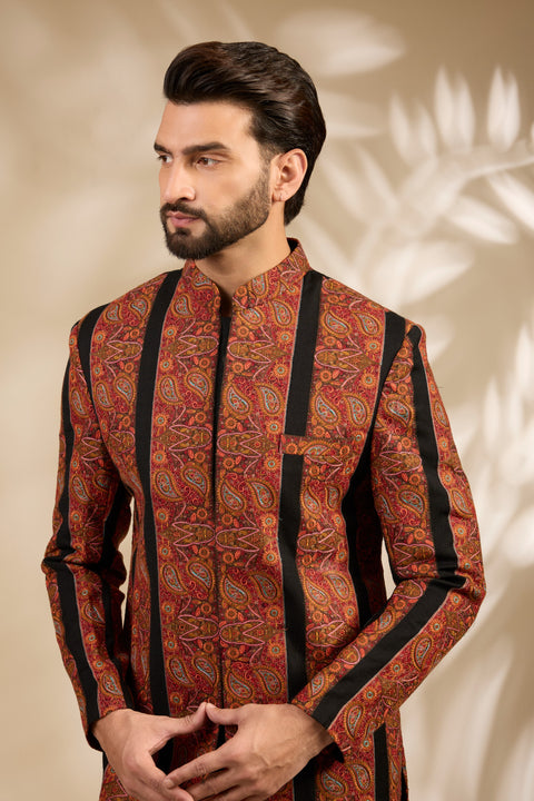 Intricate Rust Embroidered Black Sherwani Set
