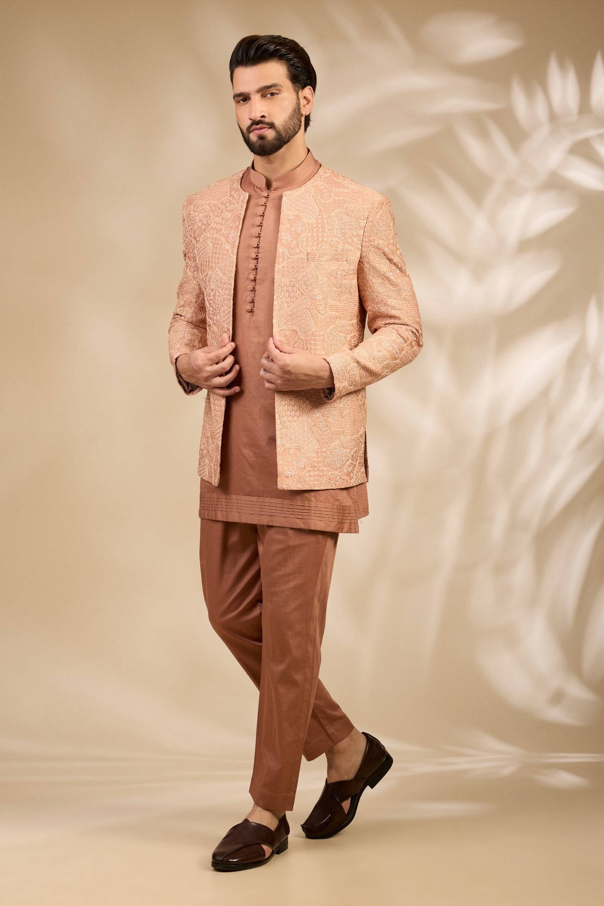 Peach Textured Embroidered Bandhgala Set