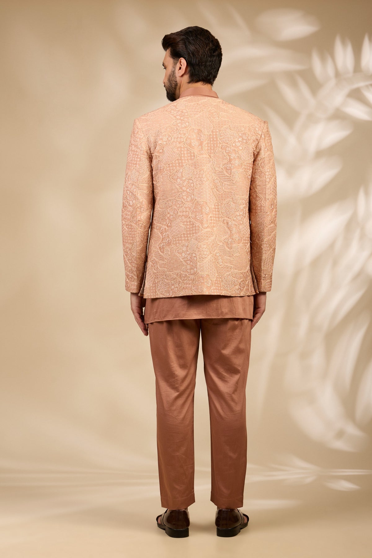 Peach Textured Embroidered Bandhgala Set