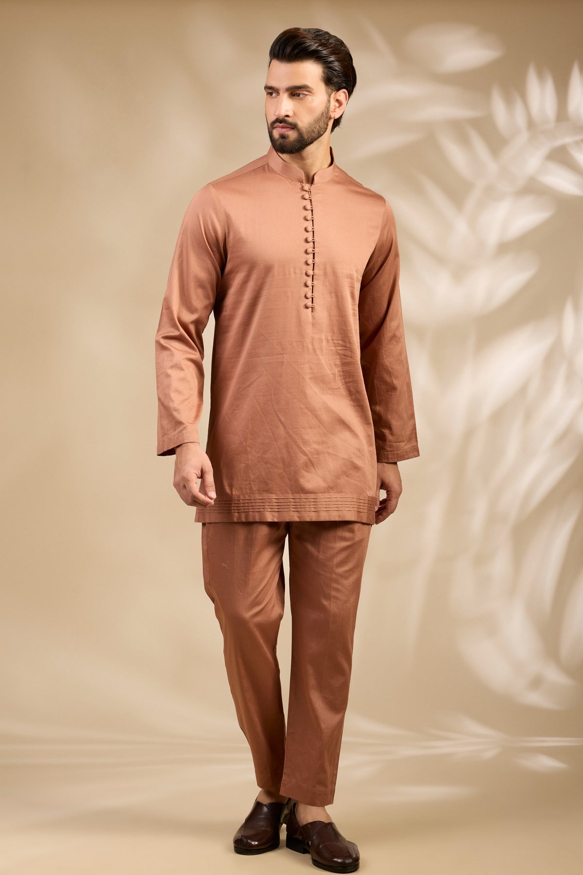 Peach Stitch-Patterned Kurta Set