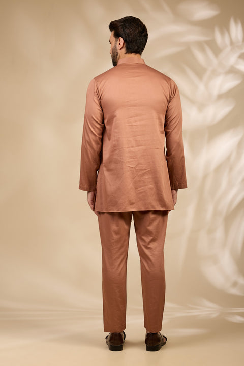 Peach Stitch-Patterned Kurta Set