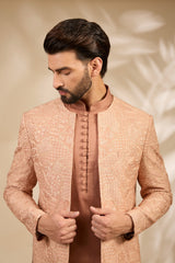 Peach Textured Embroidered Bandhgala Set