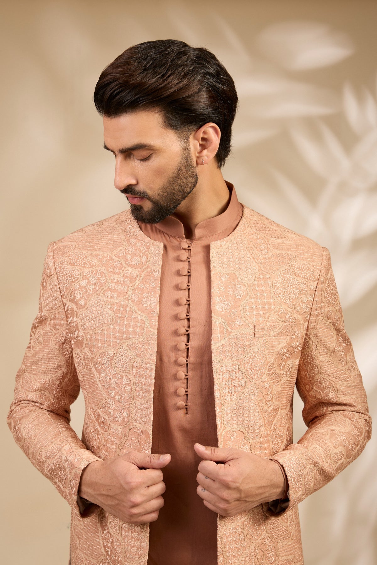 Peach Textured Embroidered Bandhgala Set