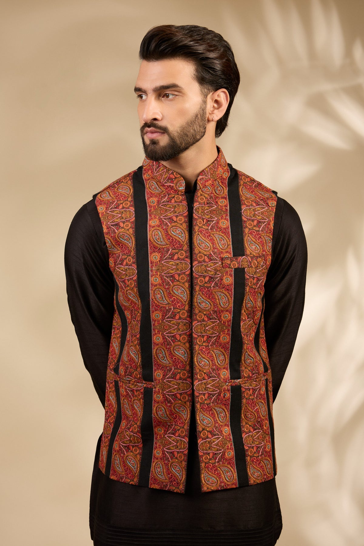 Rust Embroidered Black Bandi Jacket Set
