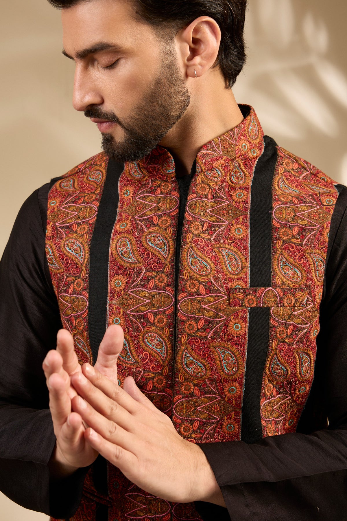 Rust Embroidered Black Bandi Jacket Set
