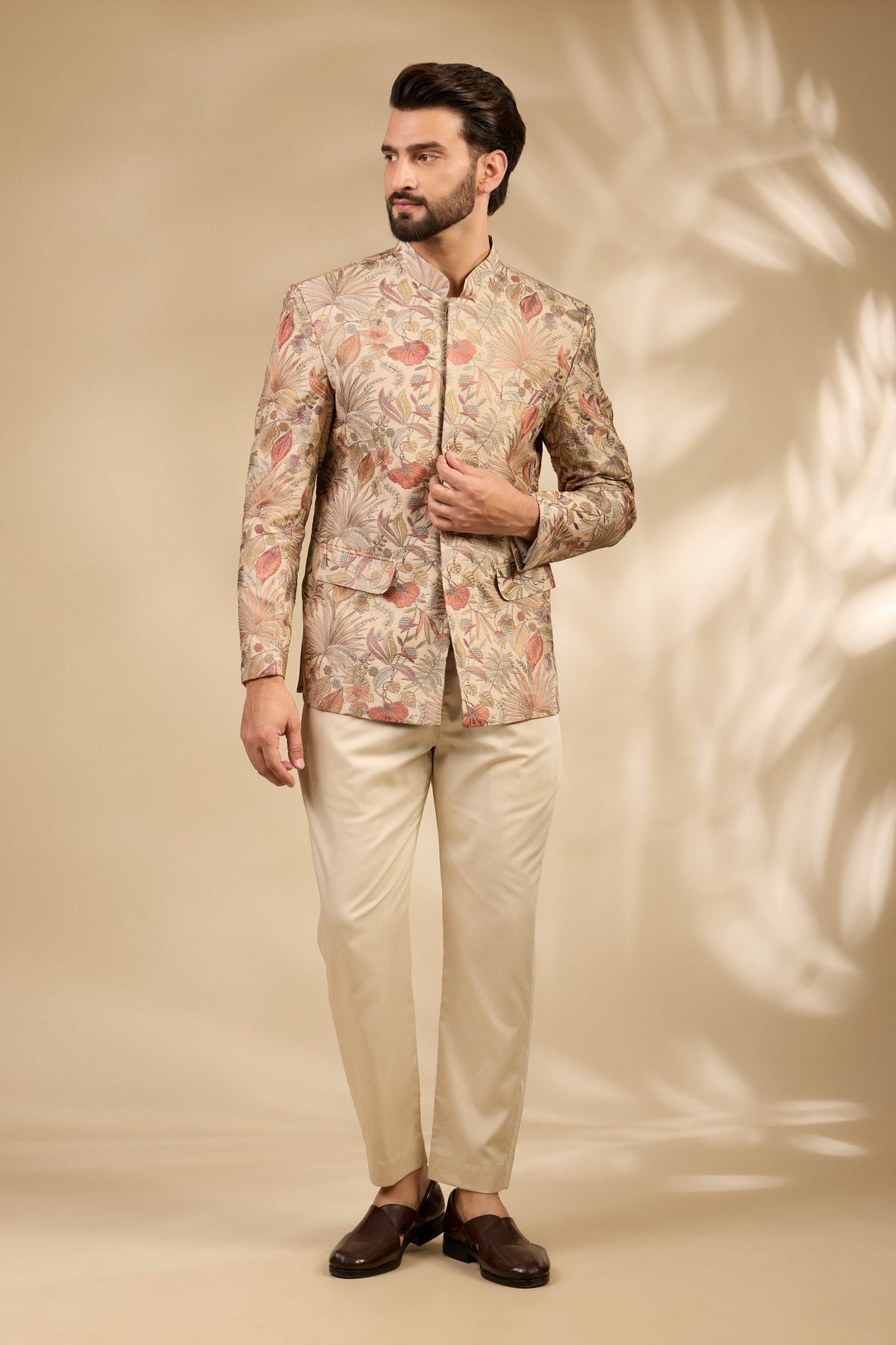 Beige Floral Embroidered Bandhgala Set