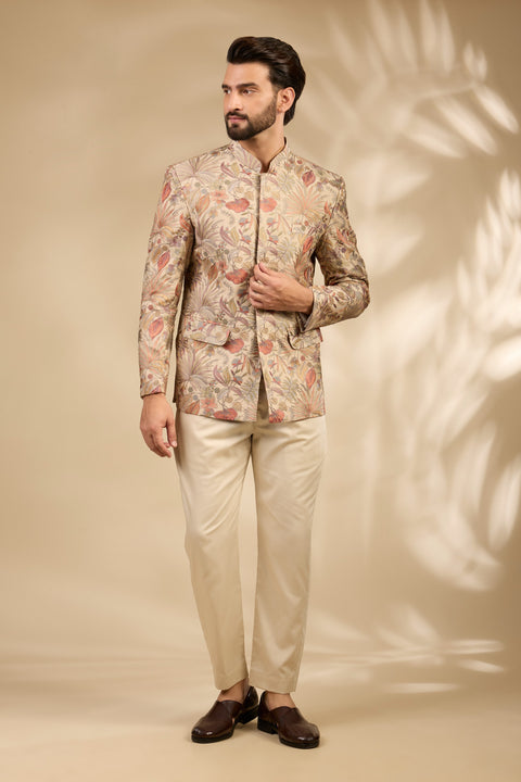 Beige Floral Embroidered Bandhgala Set