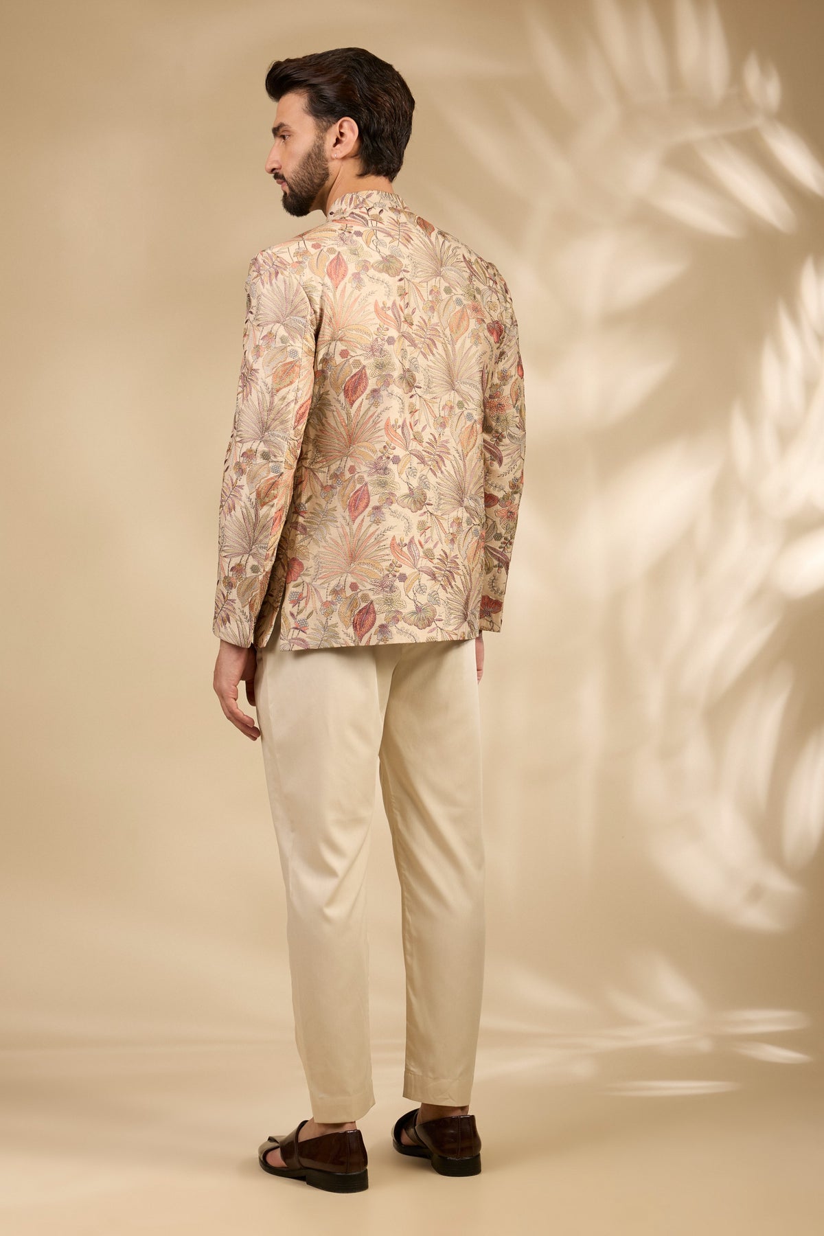 Beige Floral Embroidered Bandhgala Set