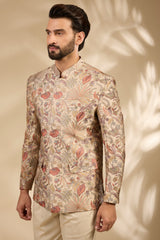 Beige Floral Embroidered Bandhgala Set