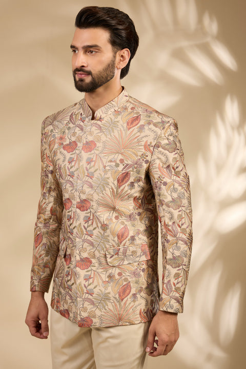 Beige Floral Embroidered Bandhgala Set