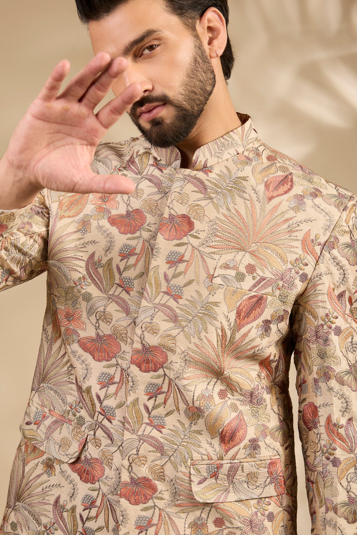 Beige Floral Embroidered Bandhgala Set