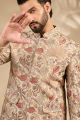Beige Floral Embroidered Bandhgala Set