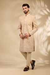 Beige Embroidered Sherwani Set with Heritage Motifs