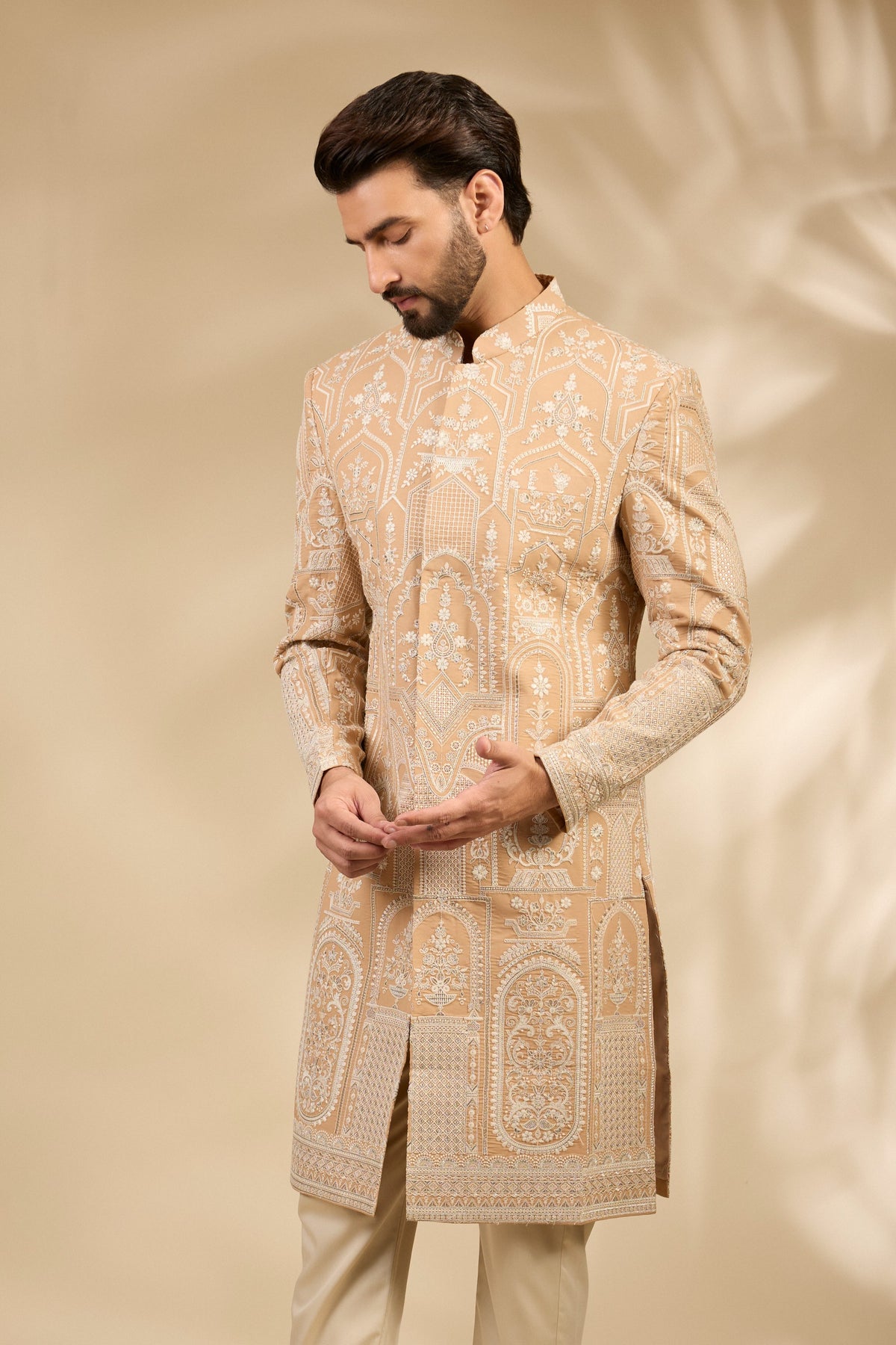 Beige Embroidered Sherwani Set with Heritage Motifs