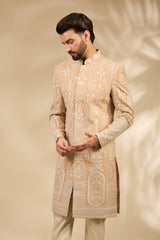 Beige Embroidered Sherwani Set with Heritage Motifs