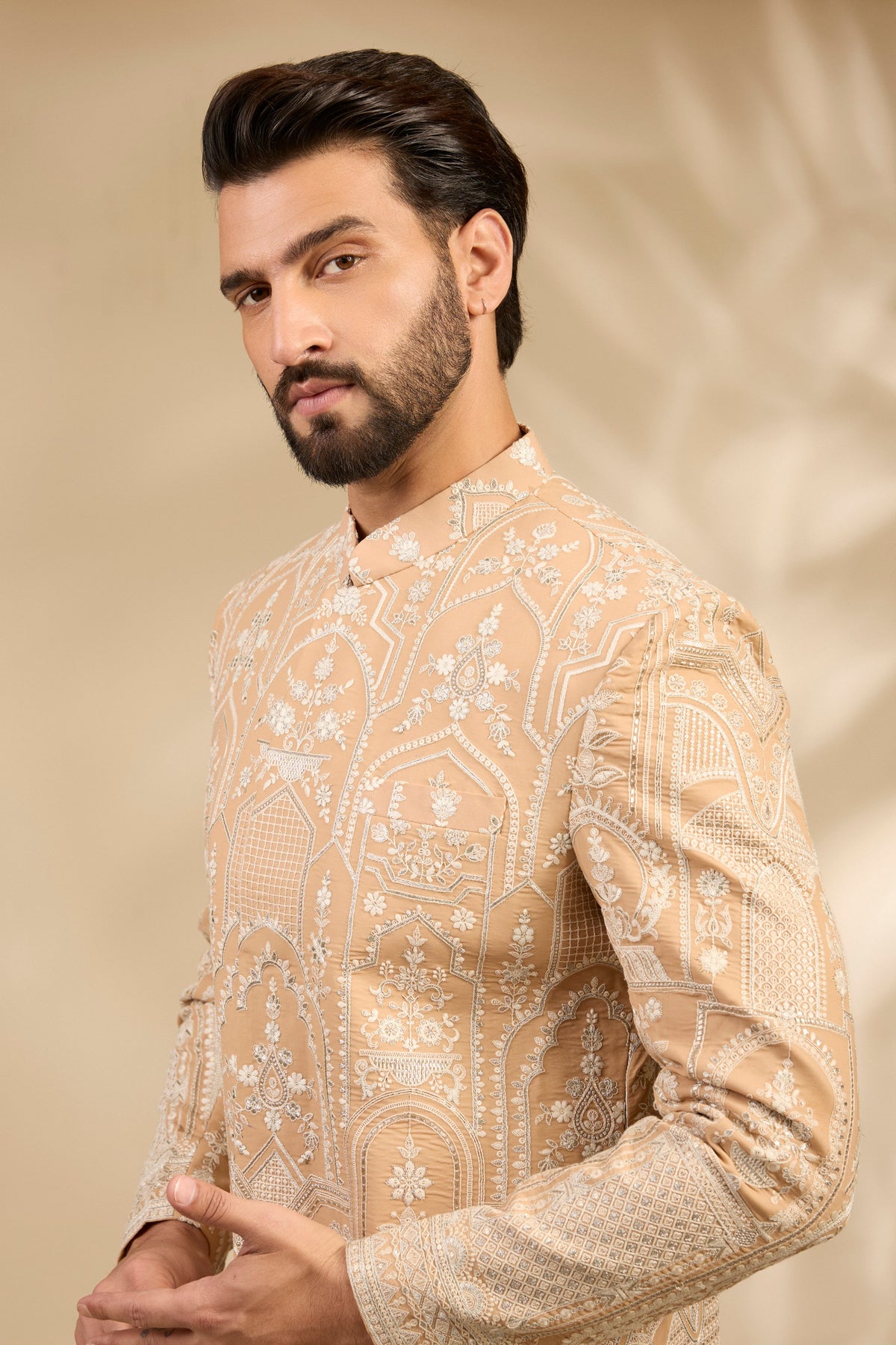Beige Embroidered Sherwani Set with Heritage Motifs