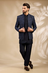 Navy Blue Textured Embroidered Bandhgala Set