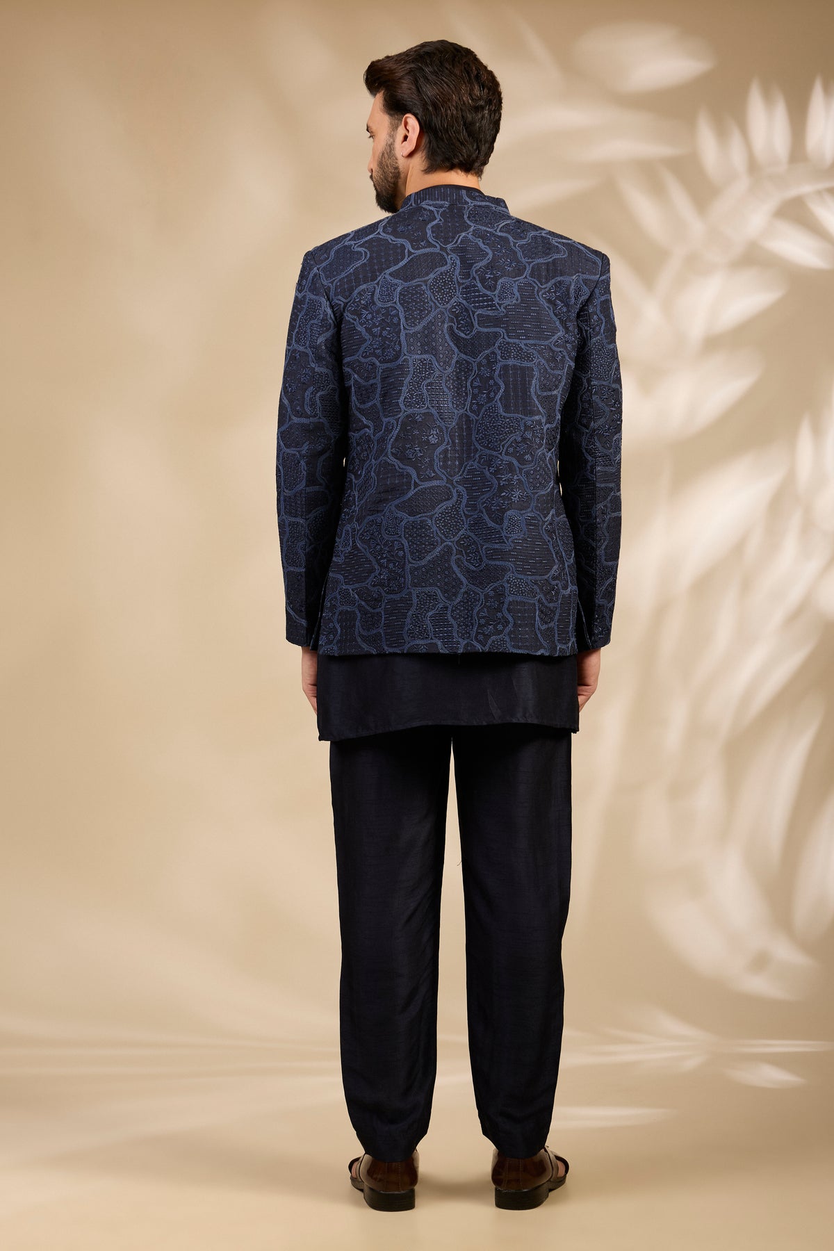 Navy Blue Textured Embroidered Bandhgala Set