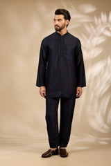 Navy Blue Stitch-Patterned Kurta Set