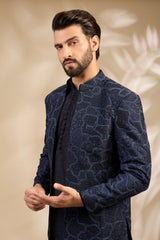 Navy Blue Textured Embroidered Bandhgala Set