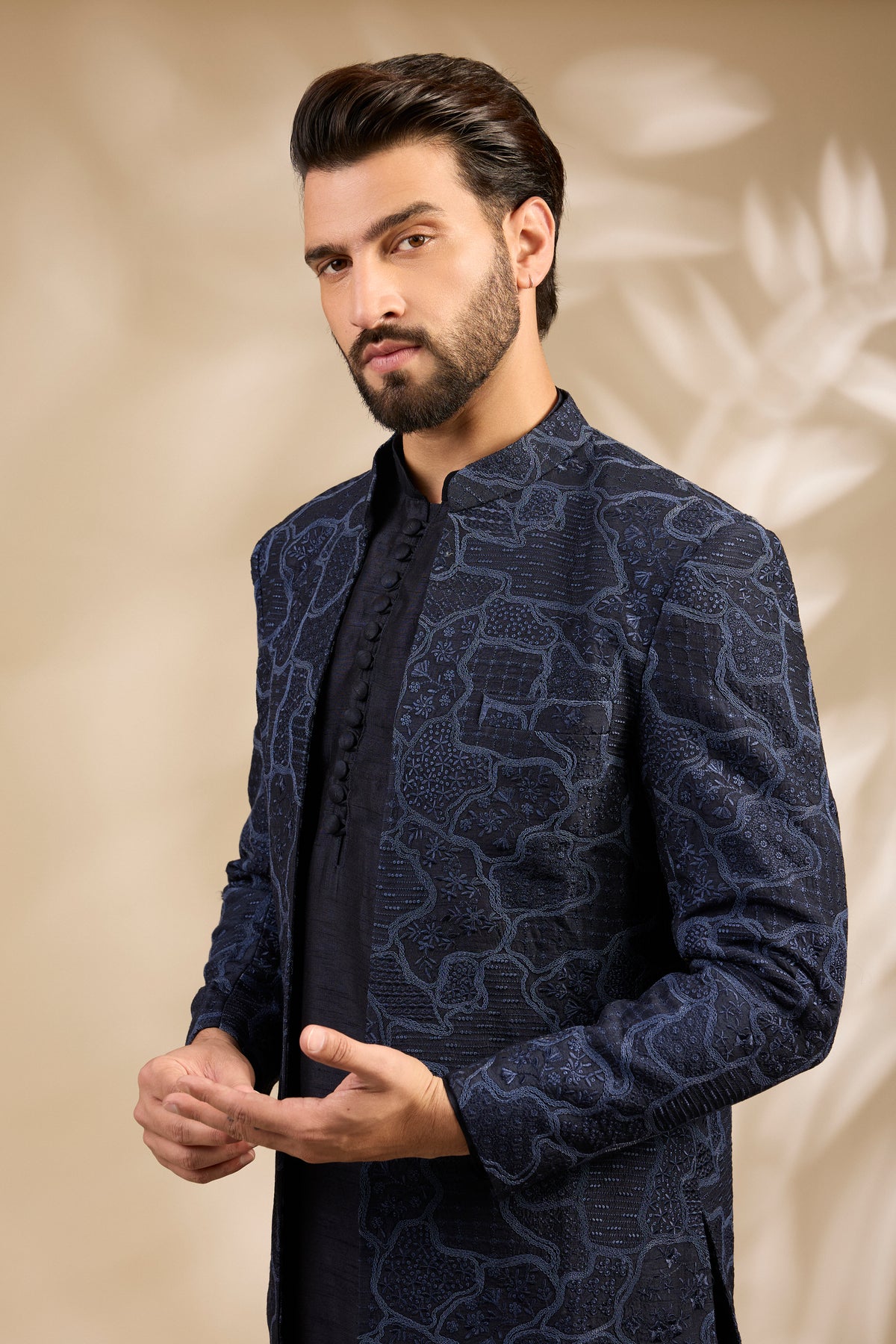 Navy Blue Textured Embroidered Bandhgala Set