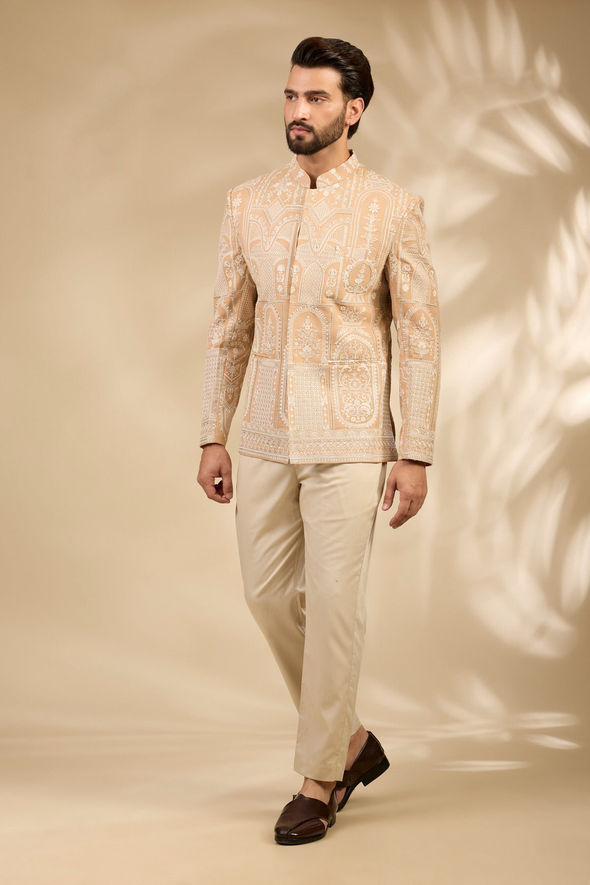 Beige Embroidered Bandhgala Set with Heritage Motifs