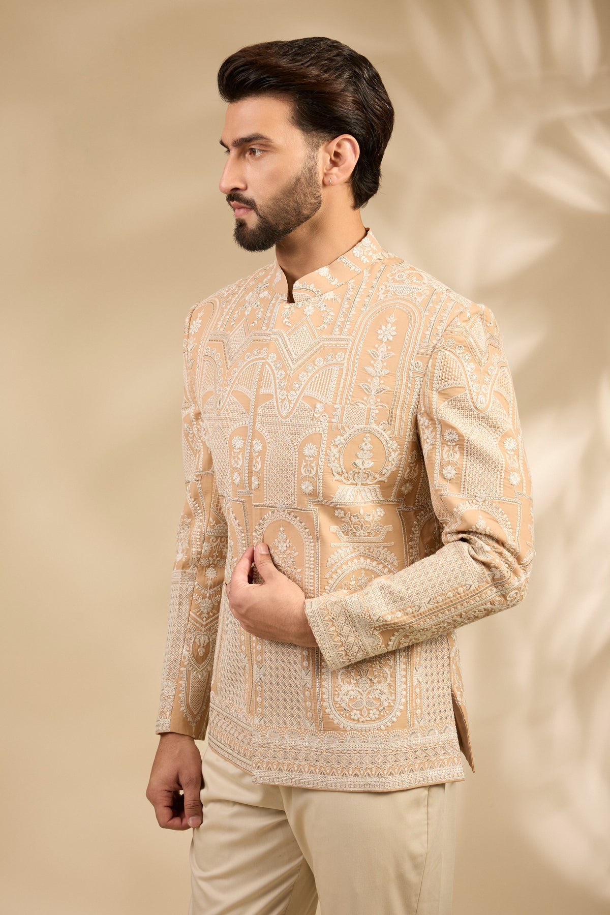 Beige Embroidered Bandhgala Set with Heritage Motifs