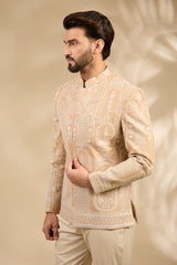 Beige Embroidered Bandhgala Set with Heritage Motifs