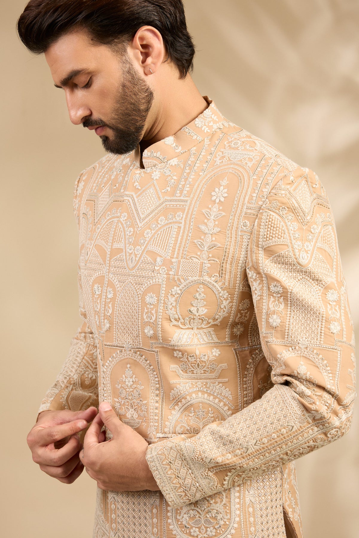 Beige Embroidered Bandhgala Set with Heritage Motifs