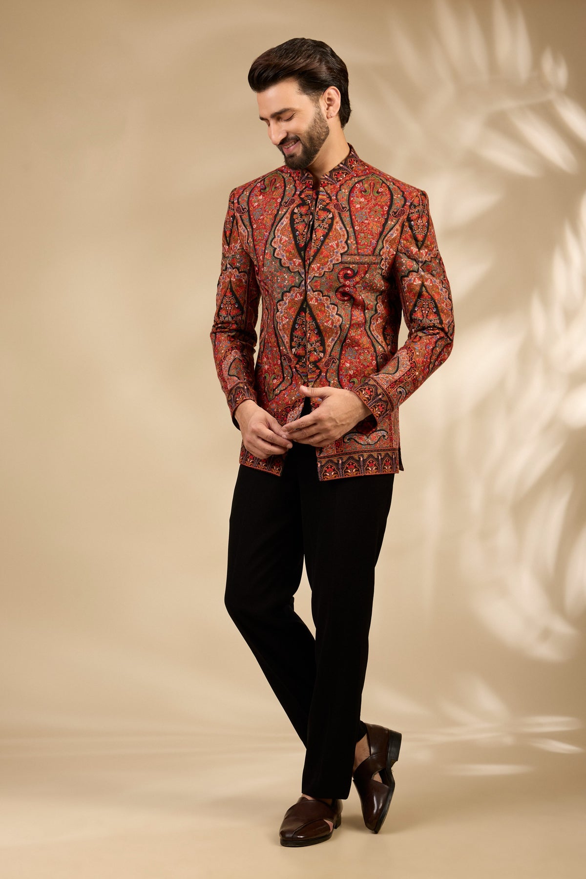 Rust Embroidered Bandhgala Jacket Set with Heritage Motifs