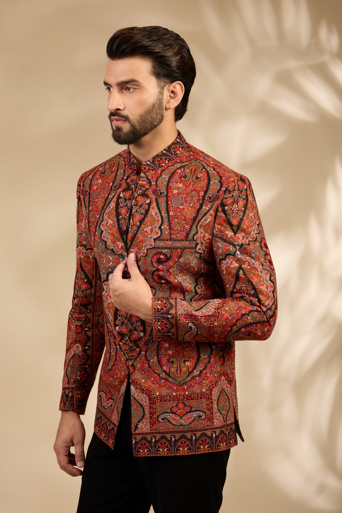 Rust Embroidered Bandhgala Jacket Set with Heritage Motifs
